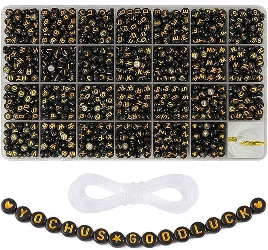 Yochus 1400pcs Black Letter Beads 4x7mm Sorted Alphabet Beads Gold Acrylic Letter Bead Kit for Jewelry Making and DIY Crafts, Bracelets, Key Chains