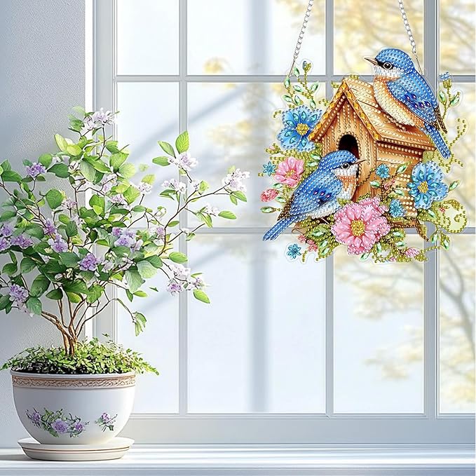 QENSPE Blue Bird Diamond Art Hanging Kits for Adults, 5D Special Shape Diamond Paingting Ornaments Kits with Chain, DIY Flowers Crystal Window Pendants for Home Garden Wall Decor Double Sided 8X8 inch