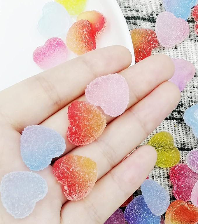 50 pcs Jelly Sugar Soft Heart Candy Flatback Charms, DIY Craft Making Resin Jewelry Making Kit, Soft Candy Resin Flatback Beads for Women DIY Scrapbooking Hair Clip Crafts Cell Phone Case Making