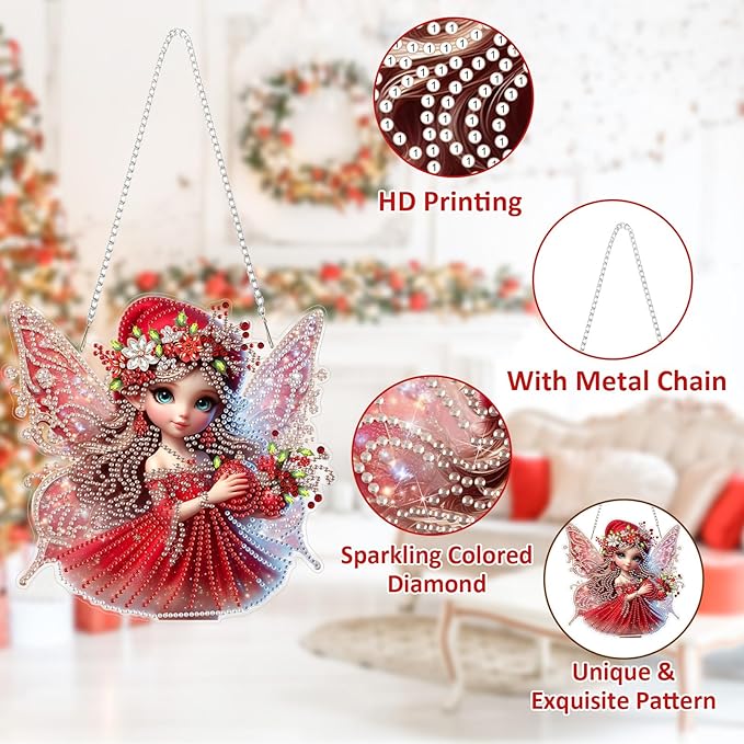 SENQAO Fairy Diamond Art Hanging Kits for Adults, Christmas Diamond Art Suncatchers, 5D Special Shape Diamond Painting Pendant Window Ornament Gifts for Home Garden Door Wall Decor