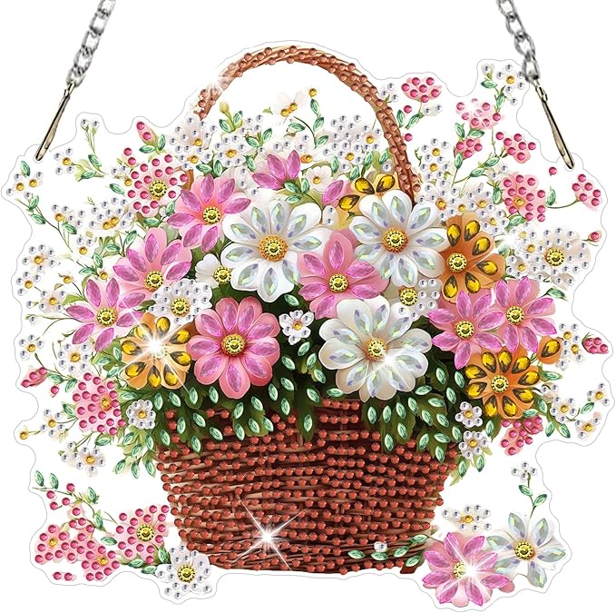 NAIMOER Diamond Art Hanging Kits for Adults Flower Basket 5D Special Shaped Rhinestone, DIY Acrylic Diamond Art Painting Window Pendants Home Garden Wall Hanging Ornament Kits, Double Sided