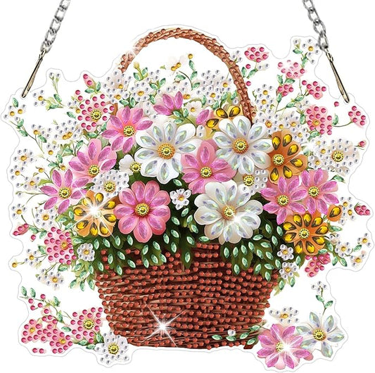 NAIMOER Diamond Art Hanging Kits for Adults Flower Basket 5D Special Shaped Rhinestone, DIY Acrylic Diamond Art Painting Window Pendants Home Garden Wall Hanging Ornament Kits, Double Sided