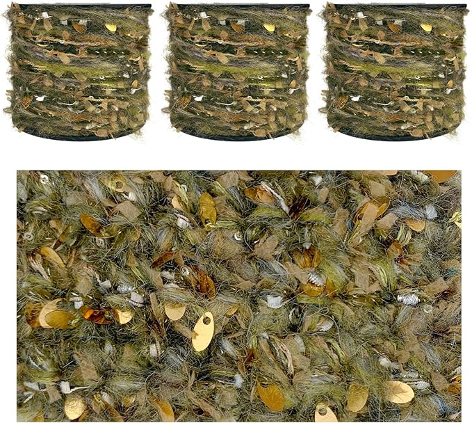 Artisanal Yarn Collection Multifiber Fancy Yarn with Sequins & Shimmering Threads for Knitting Crocheting Crafts DIY, Set of 3 Rolls (Forest Moss)
