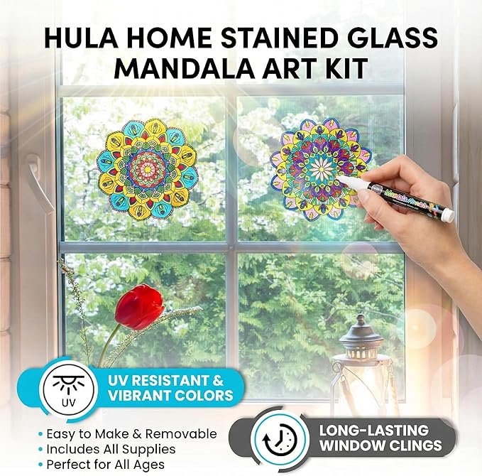 Hula Home Stained Glass Mandala Art Kit - DIY Window Clings with Markers, 10 Suncatchers - Perfect Hobby for Adults, Kids, Teens & Seniors - Ideal Gift for Beginners, Women & Elderly
