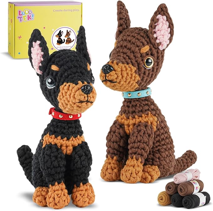 LUDOTEK Crochet Kit for Beginners, Crochet Animal Kits,Crocheting Kit for Starters with Step-by-Step Video Tutorials, Beginner Crochet Kits for Adults(2 Pack Doberman)