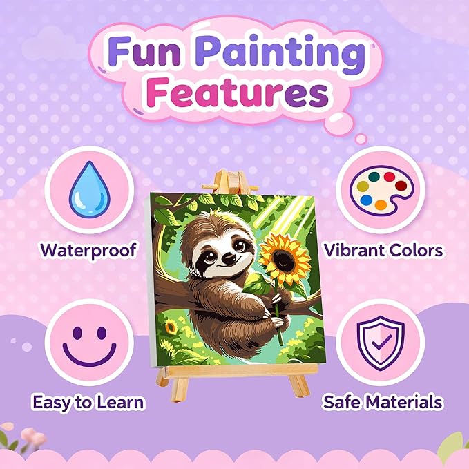 Gemozaic Sloth Paint by Numbers Kit for Kids with Frame and Easel, Paint by Numbers for Kids Ages 8-12, DIY Acrylic Oil Painting for Home Wall Decor, 8x8 Inch