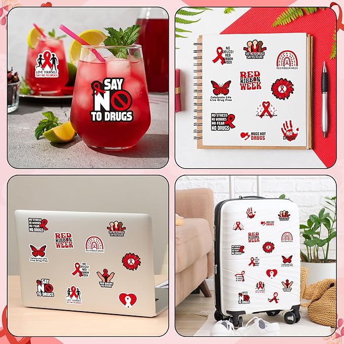 beyumi red ribbon roll stickers - 1000pcs red ribbon week awareness stickers in 2 rolls waterproof vinyl drug free say no to drugs decals school events anti-drugs campaigns laptop bottle luggage decor