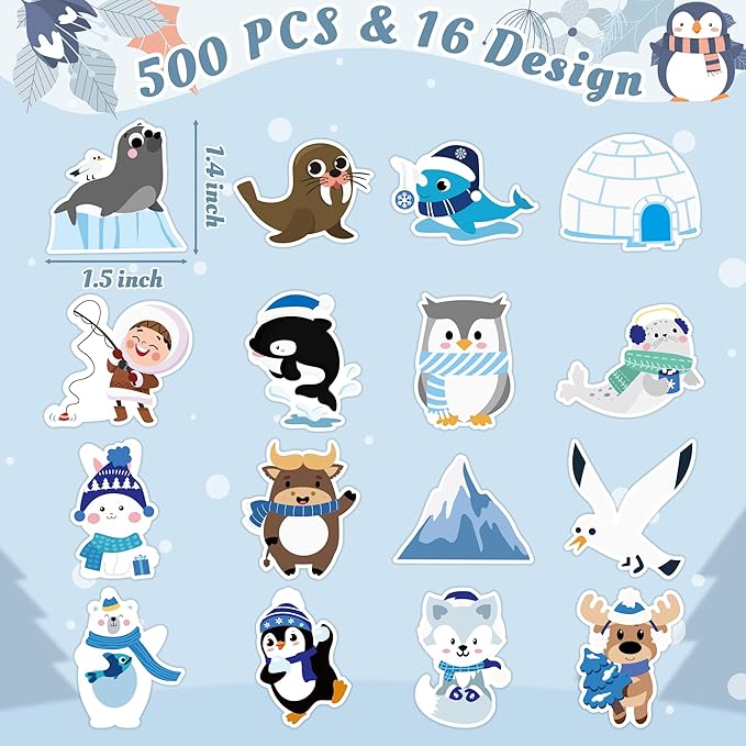 beyumi winter polar animal sticker - 1000pcs polar animal stickers in 2 rolls cute winter arctic adhesive kawaii animal decal holiday party favor supplies classroom office bottle decor