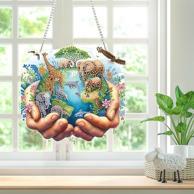 Bowetile Protect the Earth Diamond Art Hanging Kits for Adults, Diamond Art Suncatchers Earth, 5D Special Shape Diamond Painting Pendant Window Ornament Gifts for Home Wall Garden Decor