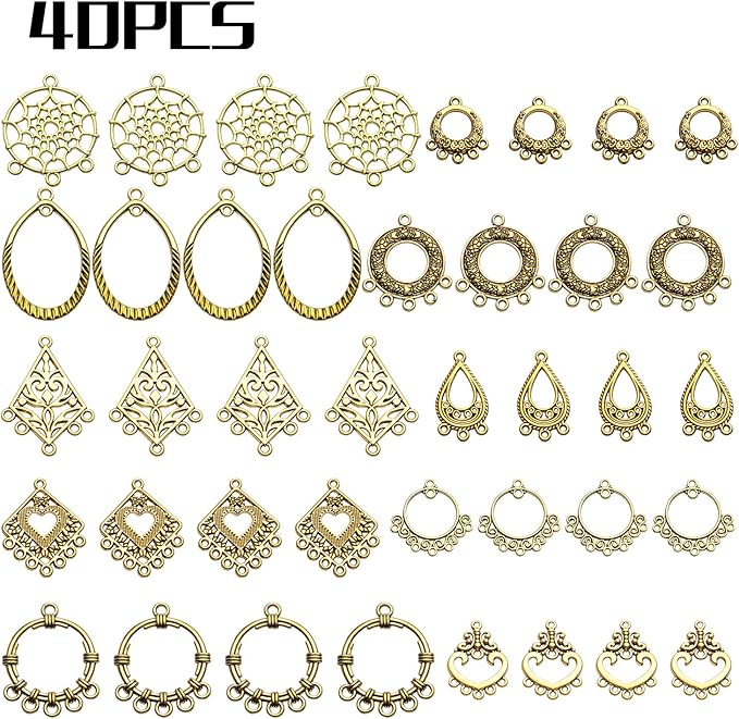 Earring Connectors, 40pcs 10 Styles Tibetan Bohemian Chandelier Charms Metal Embellishments for DIY Dangle Earring Drop Jewellery Making Kits, Antique Golden