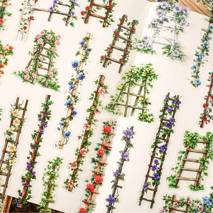 120PCS Vintage Flower Ladder Scrapbook Stickers Kit Flowers Strip PET Transparent Waterproof Stickers Set for Junk Journal Journaling Water Bottles Phone Laptop Decals Pack for Teens Girls Kids Adults