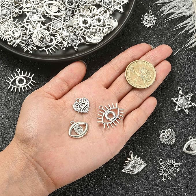 DanLingJewelry 100Pcs 10 Styles Evil Eye Charms Antique Silver with Sun Heart for DIY Jewelry Making, TIBEP-CJ0002-05-CHH