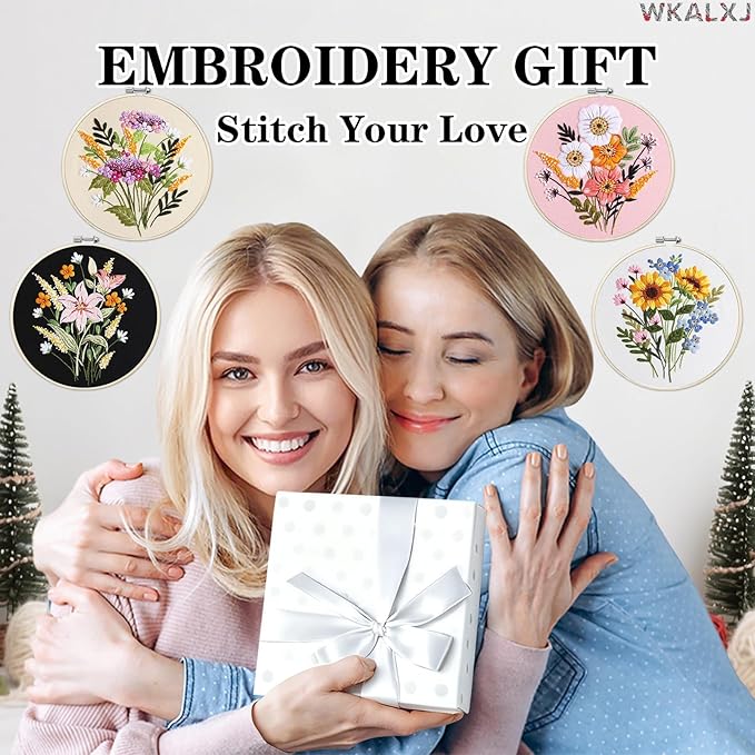 WKALXJ 4 Sets Embroidery Kits for Beginners Cross Stitch Kits Needlepoint Kits Crafts for Adults with Tools, Threads, Instructions, Needle Point Kits with Flower Stamped Patterns (Flowers B)