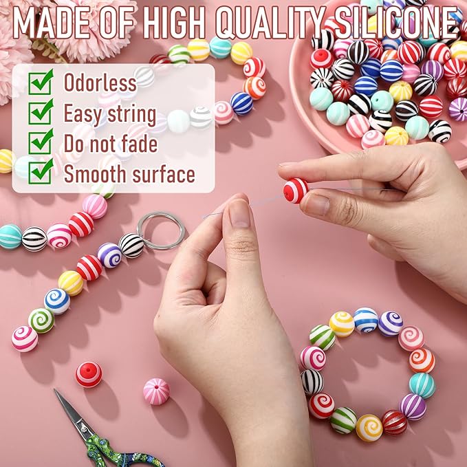 Ferreve 120 Pcs 15mm Silicone Beads Bulk Silicone Beads Print Rubber DIY Bracelet Making Kit for Keychain Making Pens Necklace Jewelry (Striped)