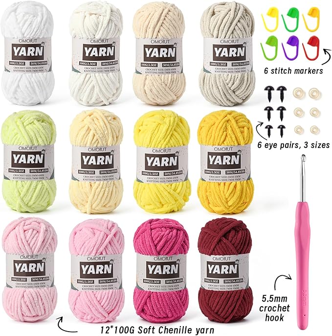 12 Pack Bulky Velvet Chenille Yarn, Baby Yarn for Crocheting Soft Blanket, 1200g(657.6yds) Chunky Crochet Yarn, Thick Multicolor Yarn for Crocheting Amigurumi, Crafts, Home Decor D