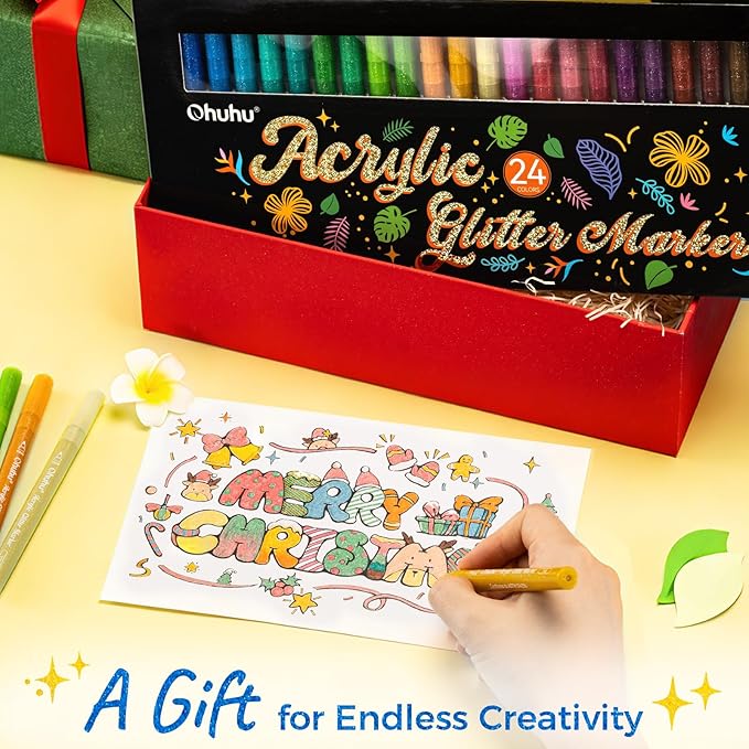 Ohuhu Acrylic Glitter Markers, 24 Metallic Glitter Colors, Fine Tip Paint Pens for Fine Details & Shimmer Accents, Water-Based & Quick Dry, for DIY Crafts, Cards, Journals, Wood & Rock Painting