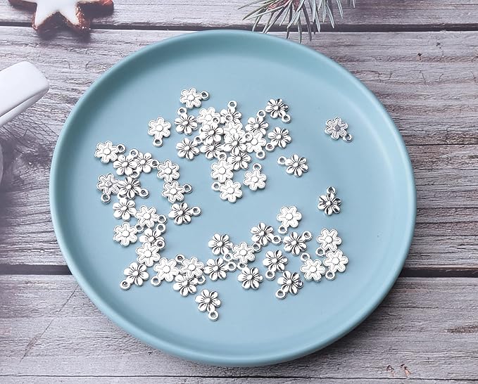 Ruwado 50 Pcs Little Flowers Charms Metal Vintage Cute Vintage Small Flower Pendants for Jewelry Making Kit Bracelet Necklace DIY Making Crafting Project Accessories Supplies (Silver)