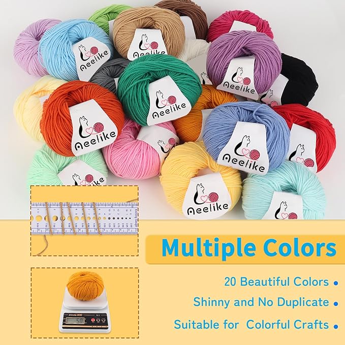 Aeelike Cotton Yarn for Crocheting, 20 PCS Multicolored Cotton Acrylic Blend Yarn Set, 4 Medium (Worsted) Crochet Yarns Bundle for Beginner Making DIY Crafts & Small Colorful Projects (Color A)