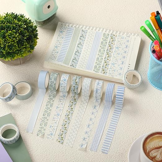 12 Rolls Watercolor Floral Washi Tape Set 15 mm Vintage Flower Decorative Masking Tape for Spring Arts DIY Craft Scrapbook Journal Supplies Gift Wrapping(Dusty Blue,Rose and Hydrangea)