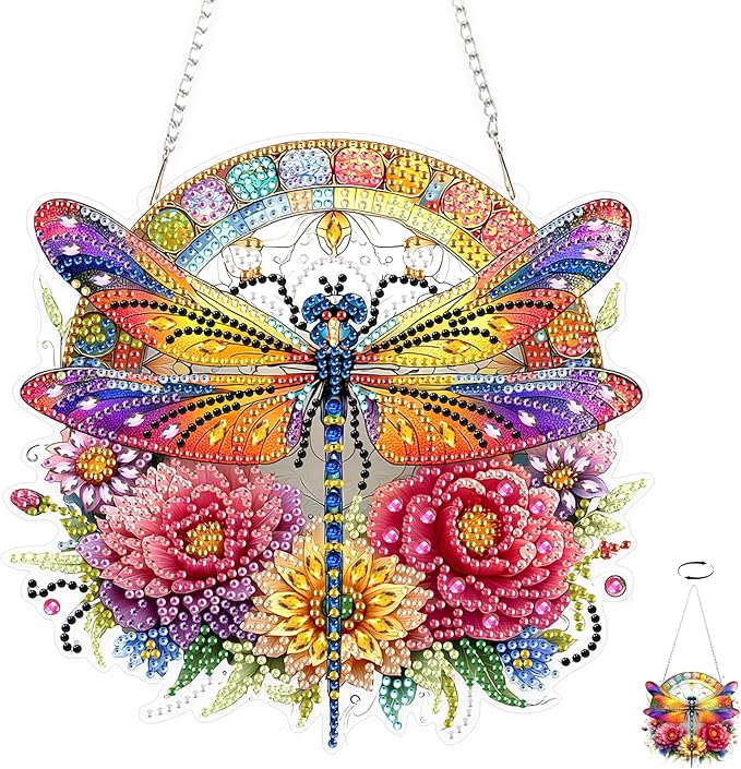 TOSTOG Diamond Art Hanging Kits for Adults, 5D Flowers Diamond Painting for Adults Window Pendant, Special Shape Diamonds DIY Dragonfly Diamond Painting Hanging Pendant Kit for Wall Decor Gift
