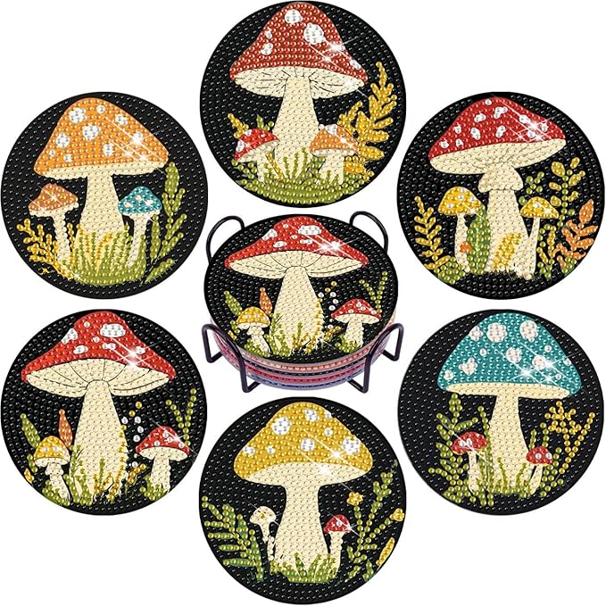EWJRNSF 6 PCS 5D Diamond Painting Coasters Kits with Holder, Small Diamond Art Kits for Adults Beginners Diamond Dots Arts and Crafts Gems Supplies Item Mushroom Shaped