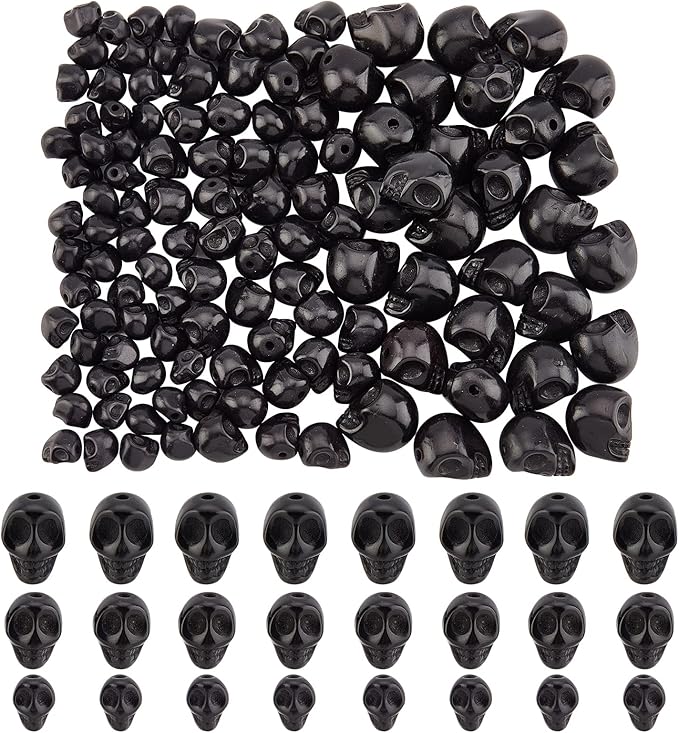 arricraft 120 Pcs 3 Sizes Black Skull Beads, Synthetic Turquoise Skull Shape Stone Loose Beads for Jewelry Making