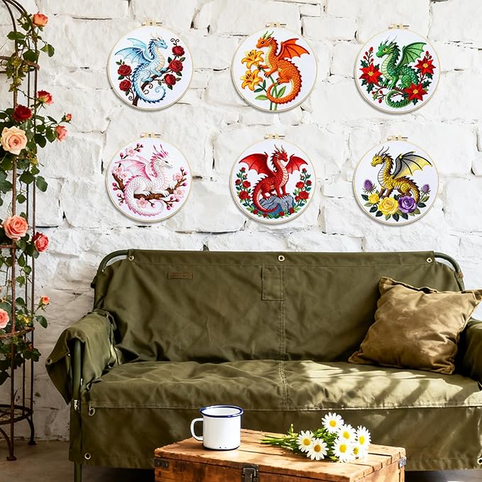 BEUNITONE 6 Sets Embroidery Kits for Beginners with Dragon and Flowers Patterns, DIY Craft Kits for Adults Include Embroidery Hoops and Instructions, Needlepoint Kits for Craft Lover and Home Decor