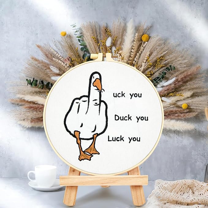 Middle Finger Duck Embroidery Kits for Beginners Adults, Funny Embroidery Starter Kits, Counted Cross Stitch Kits for Beginners DIY Craft Kits for Adult Women, Embroidery Hoop, Thread & Video Tutorial