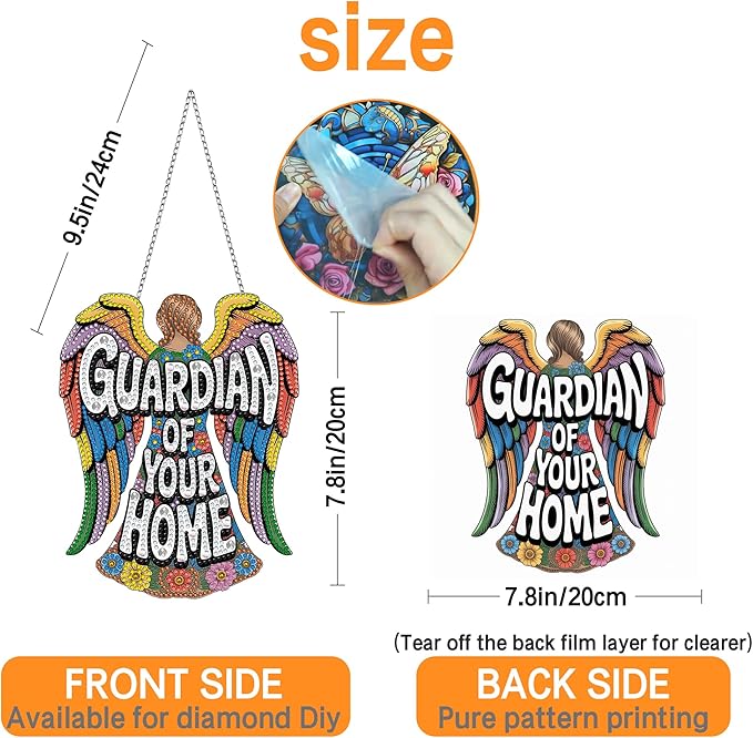 Ginfonr Diamond Painting Kits Hanging Pendant, Angel Diamond Art Kits for Adults, Special Shaped Rhinestone Guardian Diamond Art, Double Sided Hanging Kits for Garden Wall Window 8 x 8 inch