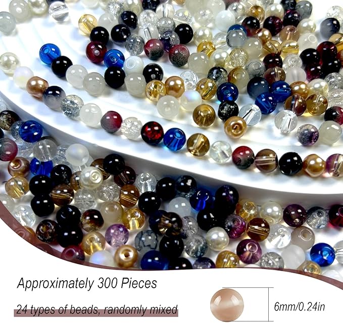 300pcs 6mm Glass Beads, 24 Colors Assorted Glass Beads for Jewelry Making, Brown Series Round Spacer Bead Kit for Bracelet Necklace DIY Craft