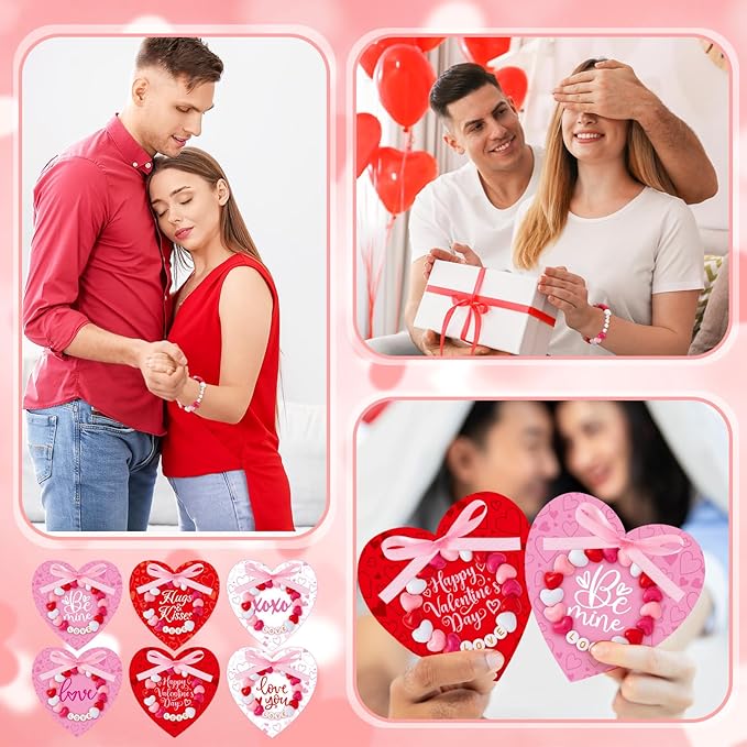 Kigeli 24 Set Valentine's Day Bead Wristband Craft Kit, Valentine Bracelet Crafts, DIY Heart Bracelet Making Kit, Exchange Romantic Art Craft Gifts, Valentines Decor for Party Favor Activity