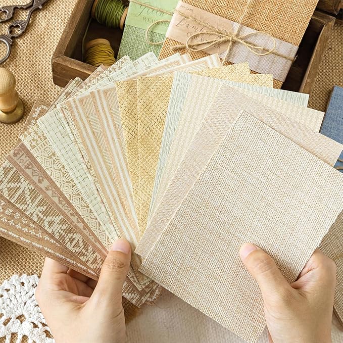 24 Sheets Vintage Linen Scrapbook Paper Embossed Textured Paper Kit Collage Supplies for Decoupage Crafts Scrapbooking Card Making Bulletin Board Junk Journalling Embellishment(Light Brown)