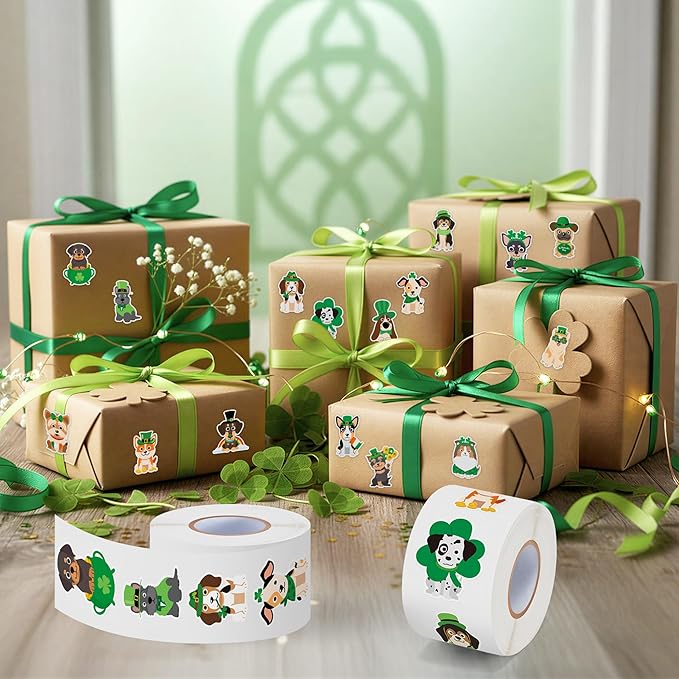 h1vojoxo st. patrick's day sticker rolls - 1000pcs irish shamrock holiday cartoon dog stickers for kid 16 design st. patrick's cute dog sticker for craft st. patrick cartoon dogs stickers for envelope