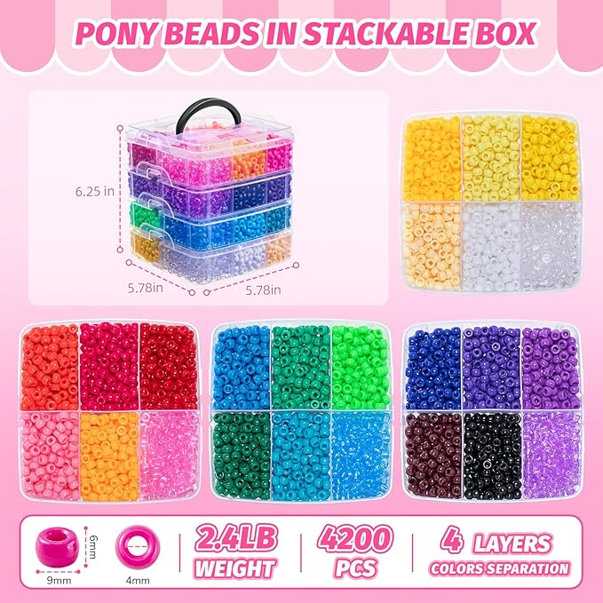 Simetufy 4200Pcs Pony Beads, 24 Colors Kandi Beads Bulk for Bracelets Making Hair Braiding Kandi Friendship Bracelet Craft DIY Jewelry Making Christmas Gifts (2.41lb, Boxed)