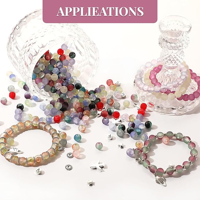 690pcs Frosted Lunar Glass Beads for Bracelets Making, 24 Colors Crystal Beads with Accessories Jewelry Making Kit, 8mm Round Coloured Glaze Beads for DIY Bracelet Crafts, Gifts for Beginners Men