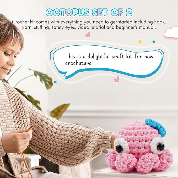 Vanttokeey Crochet Kit for Beginners, Animal Amigurumi Crochet Kits Included, Step-by-Step Video Tutorials, Beginner Crochet Kit for Adults and Kids, DIY Easy Crochet Crafts (Octopus)
