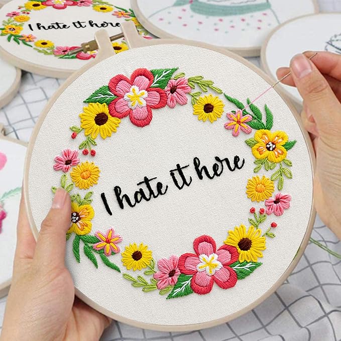Nuberlic Floral Embroidery Kit for Beginners Cross Stitch Kits- Complete Starter Set with Hoop, Pre-Printed Fabric, Threads & Needles