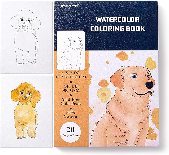 tumuarta Watercolor Coloring Book, 20 Unique Designs, 5x7”, 100% Cotton, 300GSM, 140 LB, Cold Press, Acid Free Watercolor Paper, Glue Bound Mixed Media Sketch Book (Dogs & Cats)