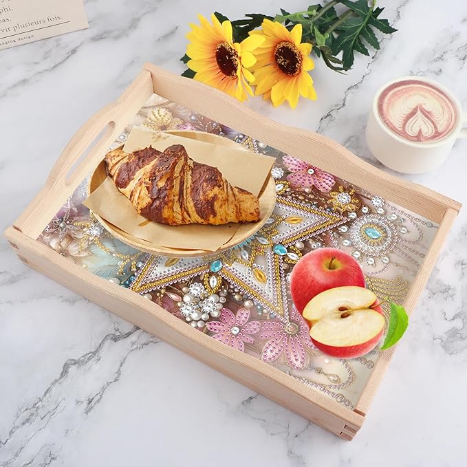 DIY Diamond Art Tray with Handle Diamond Art Painting Plate Creative Design Handmade Wooden Tray Mosaic Making Kits by Number Kits Diamond Art for Coffee Living Room Home Organizer (Five-Pointed Star)