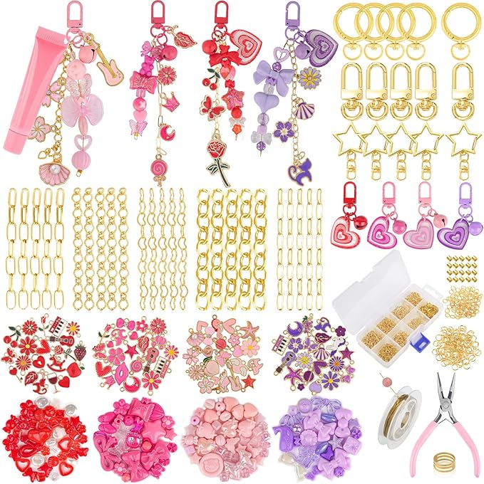 Ecoofor 458 Pcs Keychain Making Kit — Includes 19 Keychain Clips, 25 Extender Chains, 80 Charms, Beading Accessories, Jewelry Pliers — DIY Bag Charms & Jewelry Craft Kit Supplies