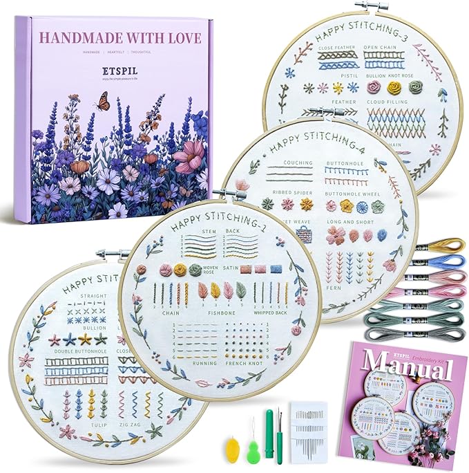ETSPIL Beginner Embroidery Kit for Adults & Teens – 33 Stitches, Stamped Plant & Wreath Patterns, Hoop, Threads & Tools, Video & Manual Instructions, Easy & Fun DIY Gift for Craft Lovers