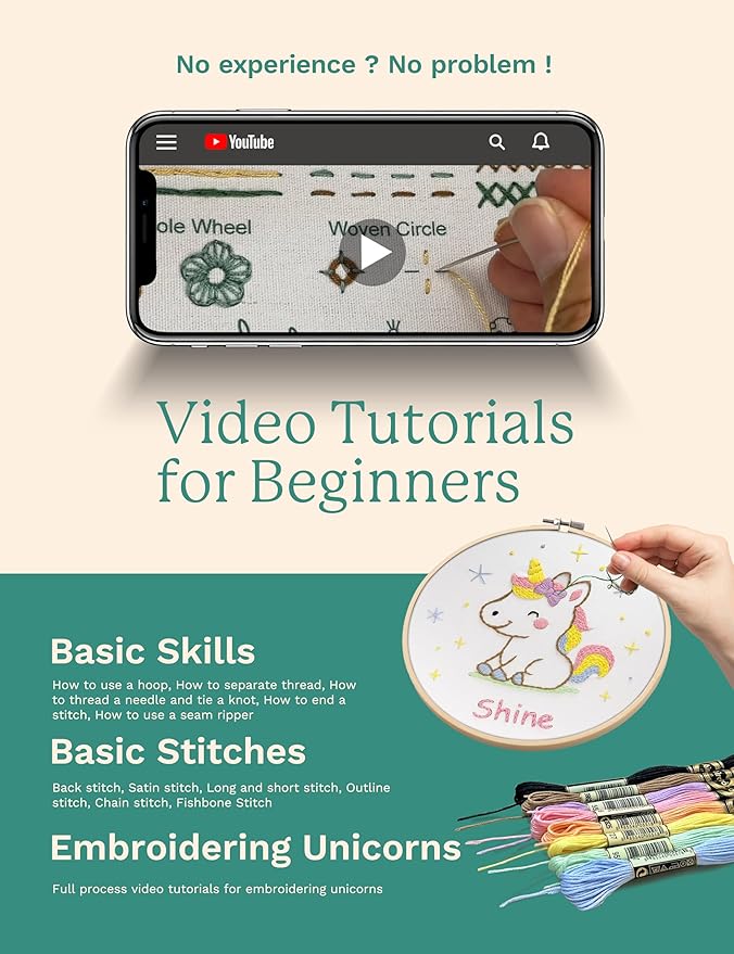 bradove embroidery kit for kids and adults, unicorns embroidery kit for beginners, easy needlepoint starter kit with 2 display stands
