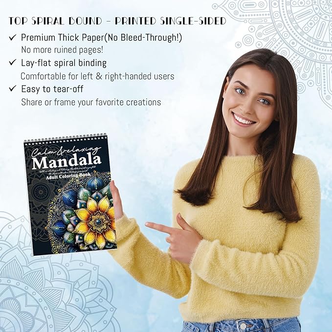 Adult Coloring Book, Mandala Adult Coloring Book for Women Relaxation,Spiral Bound Single-Sided Print Mindfulness Relaxing Gifts for Women to Stress Relief & Relieve Anxiety, Hand-Drawn Design
