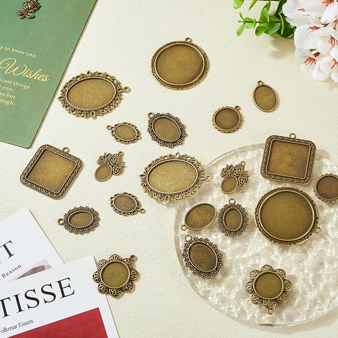 20Pcs Bezel Pendant Trays 10 Styles Vintage Cabochon Bezel Settings Trays Charms Tibetan Style Oval Trays Pendant Blanks for DIY Crafts Photo Necklace Jewelry Making