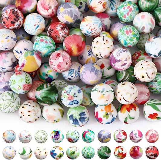 Ferreve 120 Pcs 15mm Silicone Beads Bulk Silicone Beads Print Rubber DIY Bracelet Making Kit for Keychain Making Pens Necklace Jewelry(Floral)