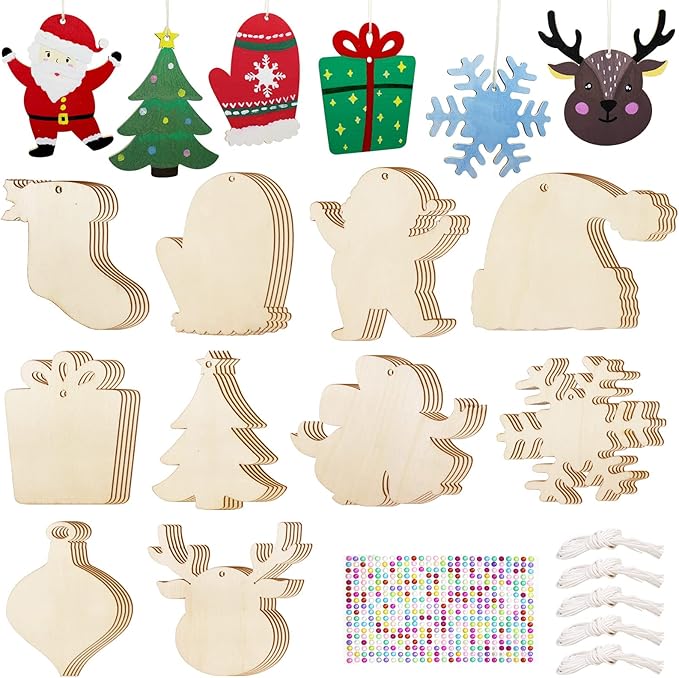Hidreas 50 Pcs DIY Wooden Ornaments Christmas Wooden Ornaments Making Kit Christmas Crafts with Wax Rope and Rhinestone Stickers for Christmas Decoration and DIY Ornaments Making