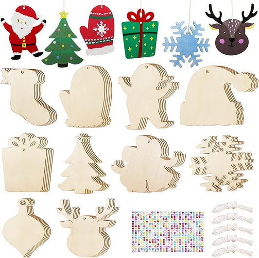 Hidreas 50 Pcs DIY Wooden Ornaments Christmas Wooden Ornaments Making Kit Christmas Crafts with Wax Rope and Rhinestone Stickers for Christmas Decoration and DIY Ornaments Making