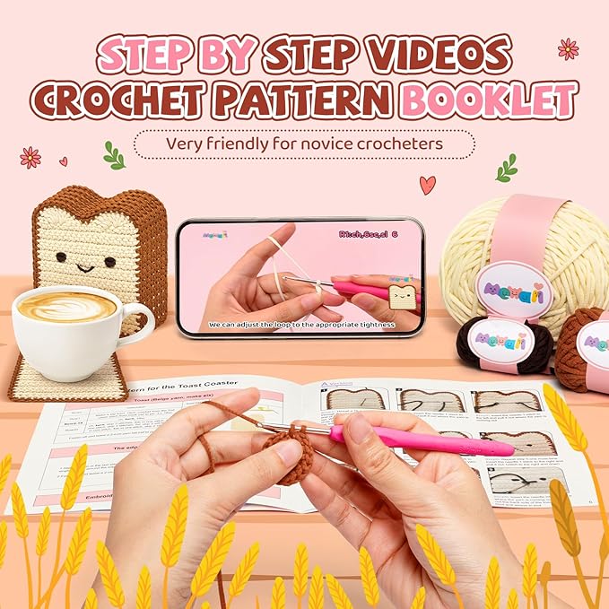 Mewaii Crochet Kit for Beginners Level 1 with 40% Extra Eco-Friendly Pre-Started Easy Yarn, Step-by-Step Video Tutorials for Adults and Kids (Toast Coaster)