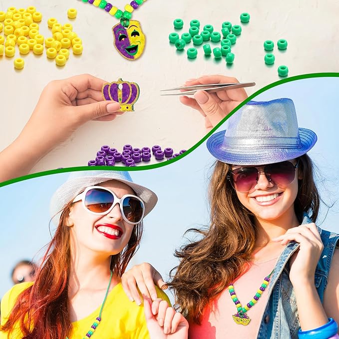 Ecally 24 Sets Mardi Gras Bead Necklaces Making Kit Carnival DIY Craft Kit Green Purple Beads Mask Fleur De Lis Pendant Necklaces for Masquerade Parades Jewelry Gifts Making Party Favors