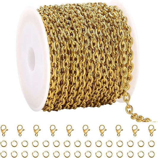 YOUBEIYEE 5 Meters Embossed Oval Jewelry Chains Bulk Gold Plated Stainless Steel Chain for Jewelry Making